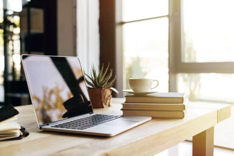 Modern home office workspace featuring a laptop, potted plant, stack of books, and a coffee cup on a wooden desk near large windows with natural sunlight.